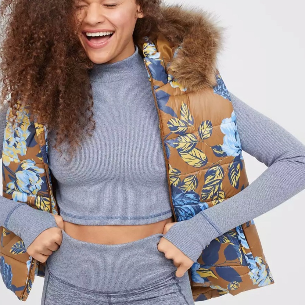 Floral Puffer Vest with hood and detachable fur trim